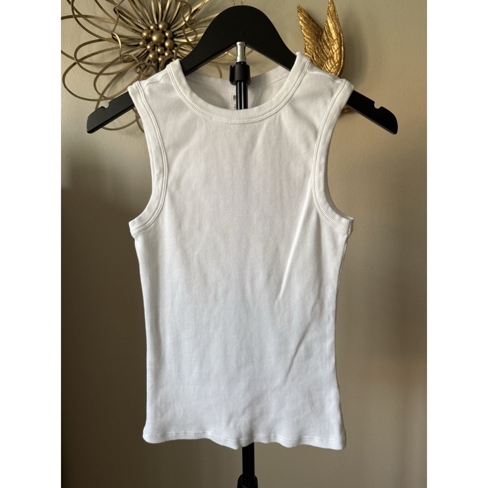 BP Nordstrom Ribbed Crewneck Tank Top S White Cotton Stretch Sleeveless
